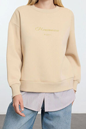 Relaxed Bisiklet Yaka Düşük Kol Uzun Slogan Baskılı ve Poplin Rahat Kalıp Örme Sweatshirt
