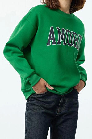 Bol Bisiklet Yaka Düşük Kol Uzun Kalın İçi Polarlı Geniş Kesim Slogan Nakışlı Örme Sweatshirt