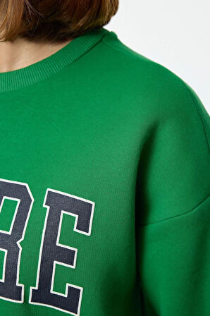 Bol Bisiklet Yaka Düşük Kol Uzun Kalın İçi Polarlı Geniş Kesim Slogan Nakışlı Örme Sweatshirt