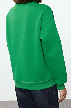 Bol Bisiklet Yaka Düşük Kol Uzun Kalın İçi Polarlı Geniş Kesim Slogan Nakışlı Örme Sweatshirt