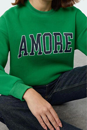 Bol Bisiklet Yaka Düşük Kol Uzun Kalın İçi Polarlı Geniş Kesim Slogan Nakışlı Örme Sweatshirt
