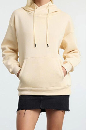 Tarz Bol Asimetrik Yaka Düşük Kol Uzun Kalıp Kanguru Cepli Kalın İçi Polarlı Örme Sweatshirt