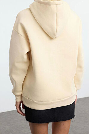 Tarz Bol Asimetrik Yaka Düşük Kol Uzun Kalıp Kanguru Cepli Kalın İçi Polarlı Örme Sweatshirt