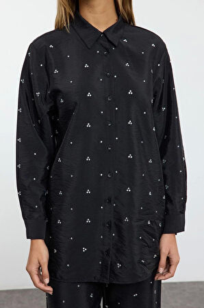 Tarz Kadın Modern Moda Normal Bel Boru Paça Gömlek Yaka Taş Detaylı Dokuma Alt-Üst Takım