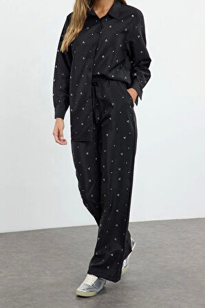 Tarz Kadın Modern Moda Normal Bel Boru Paça Gömlek Yaka Taş Detaylı Dokuma Alt-Üst Takım