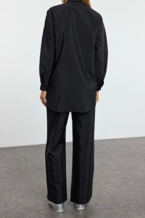 Tarz Kadın Modern Moda Normal Bel Boru Paça Gömlek Yaka Taş Detaylı Dokuma Alt-Üst Takım