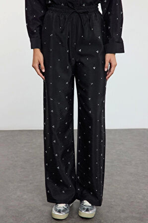 Tarz Kadın Modern Moda Normal Bel Boru Paça Gömlek Yaka Taş Detaylı Dokuma Alt-Üst Takım