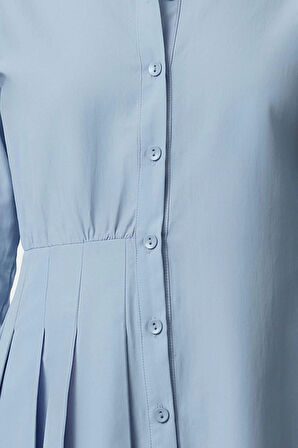 Moda Stil Regular Gömlek Yaka Mini Boy Pili Detaylı Düz Dokuma Gömlek Elbise