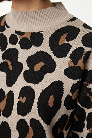 Kadın Modern Tarz Rahat Uzun Bisiklet Yaka Dokulu Kol Standart Triko Kazak