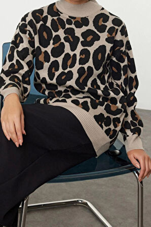 Kadın Modern Tarz Rahat Uzun Bisiklet Yaka Dokulu Kol Standart Triko Kazak