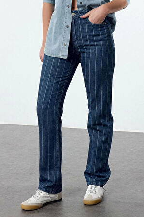 Stil Kadın Moda Denim Kot Pantolon Uzun Boru Paça Mavi Çizgili Yüksek Bel Straight Jeans