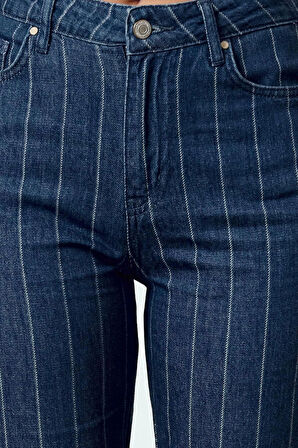 Stil Kadın Moda Denim Kot Pantolon Uzun Boru Paça Mavi Çizgili Yüksek Bel Straight Jeans