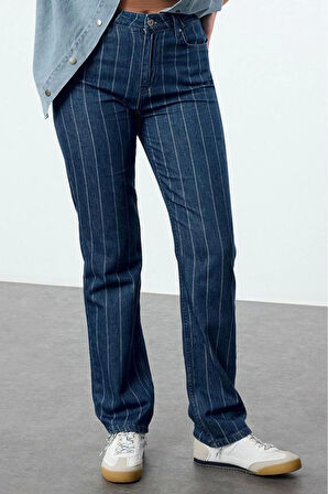 Stil Kadın Moda Denim Kot Pantolon Uzun Boru Paça Mavi Çizgili Yüksek Bel Straight Jeans