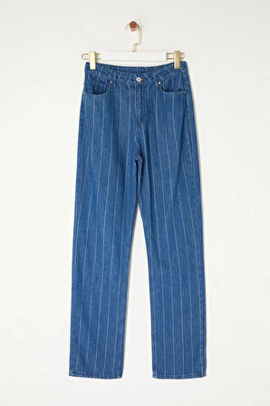 Stil Kadın Moda Denim Kot Pantolon Uzun Boru Paça Mavi Çizgili Yüksek Bel Straight Jeans