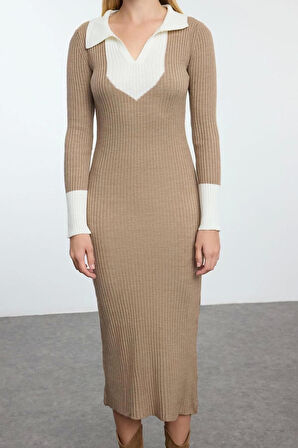 Moda Stil Slim Polo Yaka Midi Boy Triko Renk Bloklu Elbise