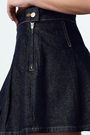 Modern Tarz Astarsız Denim Mini Boy Pileli Yüksek Bel Mini Denim Etek