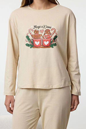 Tarz Rahat Uzun Kollu Boru Paça Kadın Yılbaşı Temalı Örme Pijama Takımı