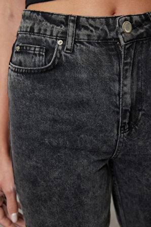 Stil Kadın Moda Denim Kot Pantolon Regular Dar Paça Gri Yüksek Bel Mom Jeans