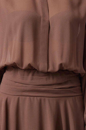 Moda Stil Fitted Gömlek Yaka Mini Boy A-Kesim Fırfır Detaylı Şifon Dokuma Kısa Elbise