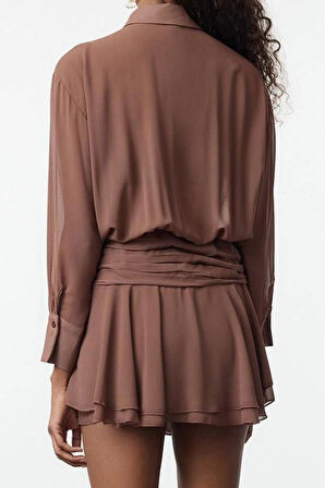 Moda Stil Fitted Gömlek Yaka Mini Boy A-Kesim Fırfır Detaylı Şifon Dokuma Kısa Elbise