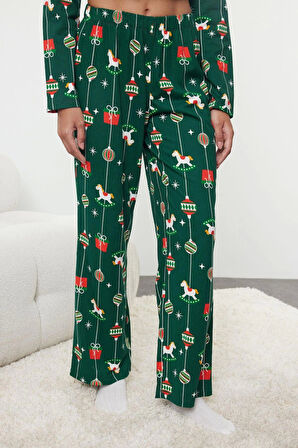 Tarz Rahat Uzun Kollu Boru Paça %100 Pamuklu Yılbaşı Temalı Örme Pijama Takımı