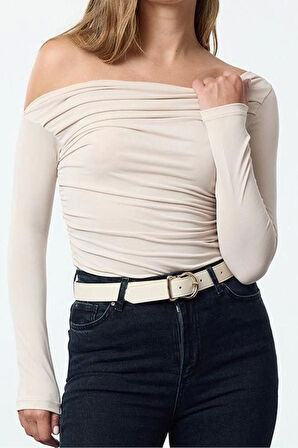 Stil Kadın Büzgü Drape Detaylı Fitted Vücuda Oturan Kollu Esnek Bluz Regular Örme Slim Kalıp