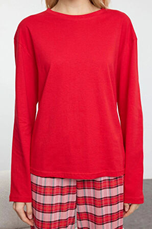 Tarz Rahat Uzun Kollu Boru Paça Pamuklu Ekoseli Uyku Bantlı Örme Pijama Takımı