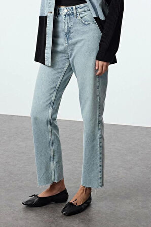 Stil Kadın Moda Denim Kot Pantolon Uzun Boru Paça Yüksek Bel Straight Jeans