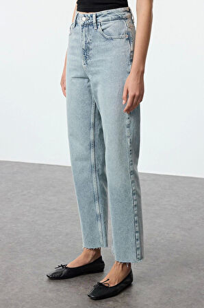 Stil Kadın Moda Denim Kot Pantolon Uzun Boru Paça Yüksek Bel Straight Jeans