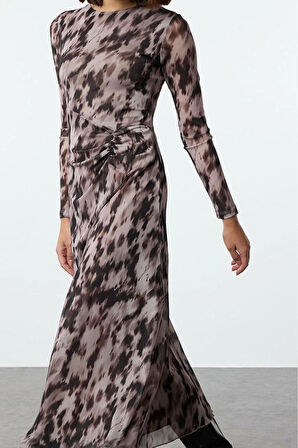 Moda Stil Regular Bisiklet Yaka Maxi Boy Baskılı Büzgü Drape Örme Elbise