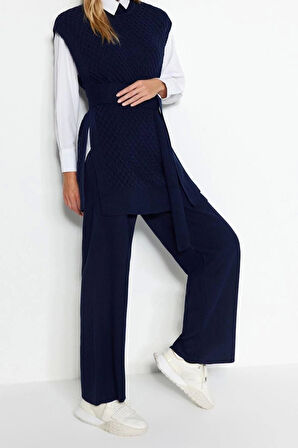 Moda Düz Dik Yaka Casual Günlük Kuşaklı Pirinç Örgü Süveter-Pantolon Triko Alt-Üst Takım