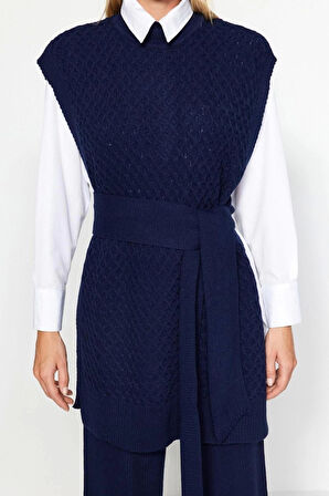 Moda Düz Dik Yaka Casual Günlük Kuşaklı Pirinç Örgü Süveter-Pantolon Triko Alt-Üst Takım