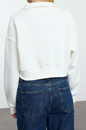 Tarz Oversize Polo Yaka Düşük Kol Uzun Rahat Kalıp Polo Yaka Kalın İçi Polarlı Örme Sweatshirt