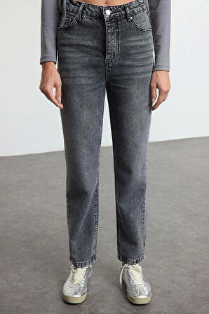 Stil Kadın Moda Denim Kot Pantolon Uzun Geniş Paça Antrasit Yüksek Bel Straight Jeans