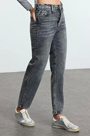 Stil Kadın Moda Denim Kot Pantolon Uzun Geniş Paça Antrasit Yüksek Bel Straight Jeans