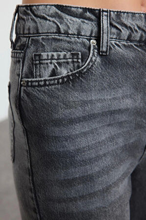 Stil Kadın Moda Denim Kot Pantolon Uzun Geniş Paça Antrasit Yüksek Bel Straight Jeans