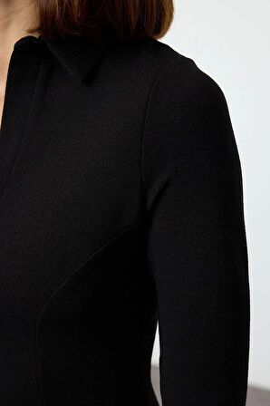 Moda Stil Slim Polo Yaka Mini Boy Skater Belden Açılan Örme Elbise