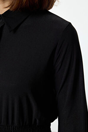 Moda Stil Slim Polo Yaka Mini Boy Beli Lastikli Örme Elbise