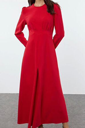 Moda Stil Fitted Bisiklet Yaka Maxi Boy Tesettür Dokuma Elbise