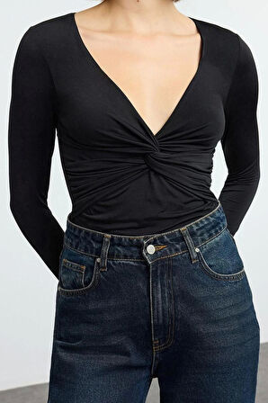 Stil Kadın Büzgü Drape Detaylı Fitted Vücuda Oturan Kollu Esnek Bluz Crop Örme Slim Kalıp