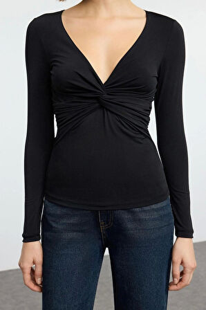 Stil Kadın Büzgü Drape Detaylı Fitted Vücuda Oturan Kollu Esnek Bluz Crop Örme Slim Kalıp