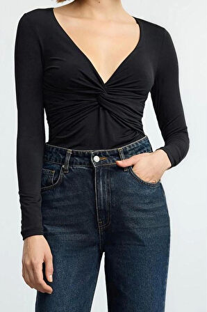 Stil Kadın Büzgü Drape Detaylı Fitted Vücuda Oturan Kollu Esnek Bluz Crop Örme Slim Kalıp