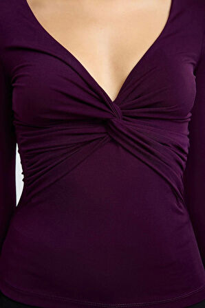 Stil Kadın Büzgü Drape Detaylı Fitted Vücuda Oturan Kollu Esnek Bluz Crop Örme Slim Kalıp