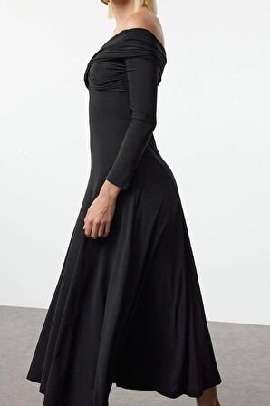 Moda Stil Fitted Asimetrik Yaka Midi Boy A-Kesim Örme Elbise