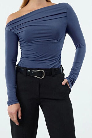 Stil Kadın Büzgü Drape Detaylı Fitted Vücuda Oturan Kollu Esnek Bluz Regular Örme Slim Kalıp