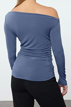 Stil Kadın Büzgü Drape Detaylı Fitted Vücuda Oturan Kollu Esnek Bluz Regular Örme Slim Kalıp