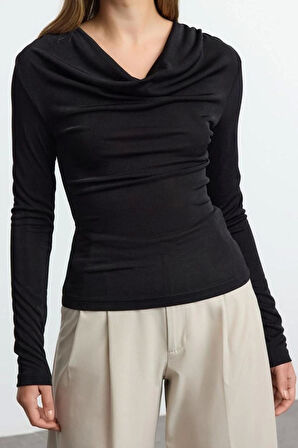 Stil Kadın Vücuda Oturan Esnek Kol Buzzy Bluz Regular Örme Slim Kalıp