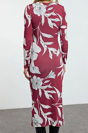 Moda Stil Slim Bisiklet Yaka Midi Boy Baskılı Vücuda Oturan Esnek Büzgü Detaylı Örme Elbise