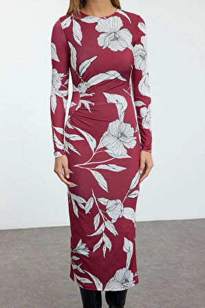 Moda Stil Slim Bisiklet Yaka Midi Boy Baskılı Vücuda Oturan Esnek Büzgü Detaylı Örme Elbise