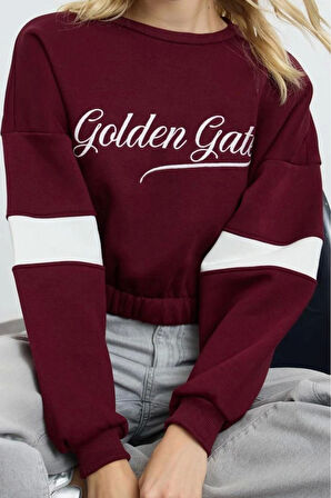 Relaxed Bisiklet Yaka Düşük Kol Crop Kalın Polarlı Rahat Kesim Slogan Nakışlı Örme Sweatshirt